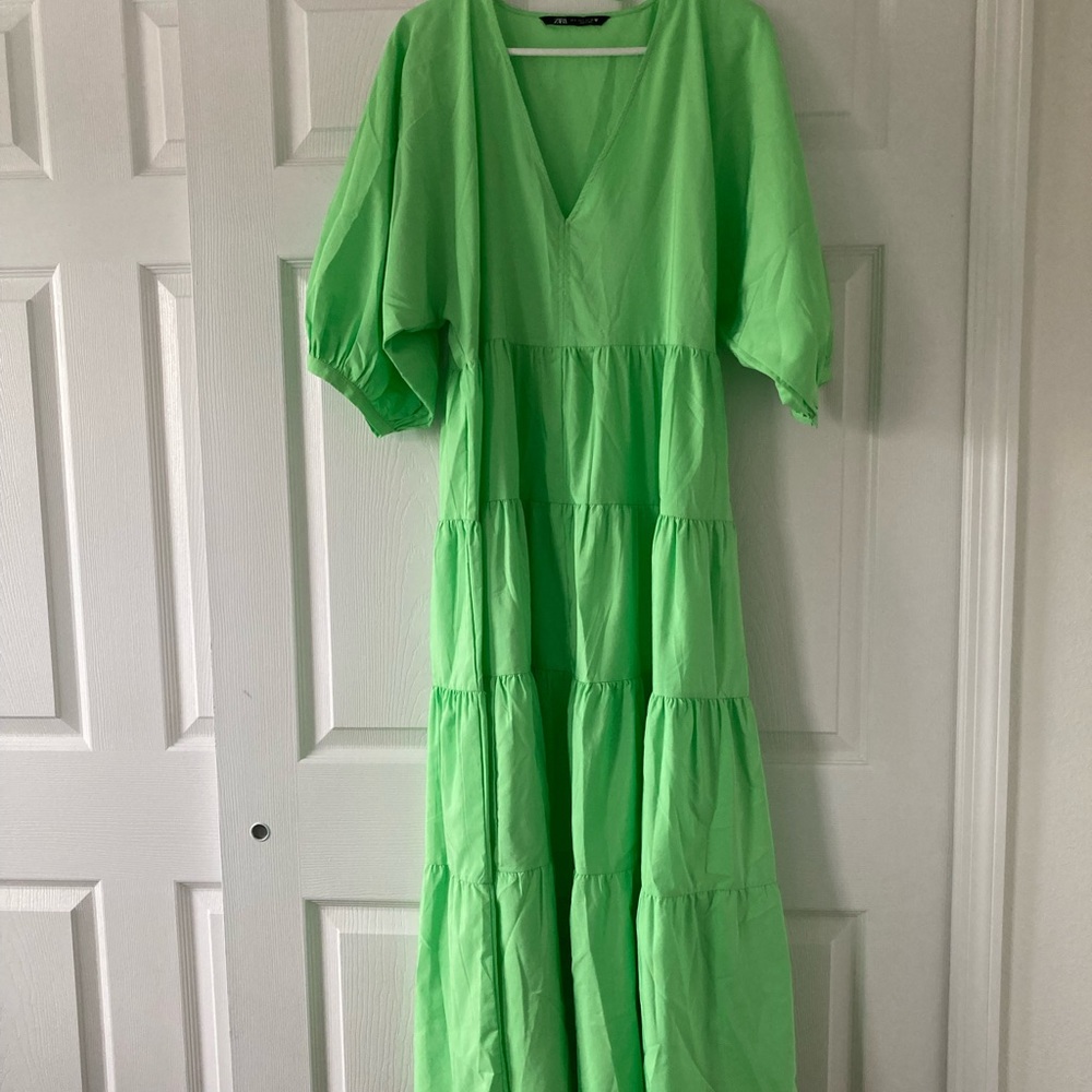Zara Tiered Poplin Dress Lime Green